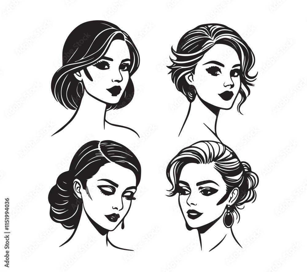 Set of stylized woman faces. Modern single line art. Woman beauty fashion concept, minimalistic style Set of stylized woman faces. Modern single line art. Woman beauty fashion concept, minimalistic style