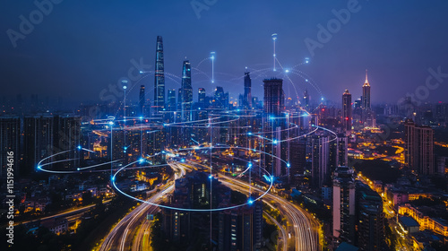 Wallpaper Mural Smart digital city with connection cyber security network reciprocity over the cityscape . future smart wireless digital city and social media networking systems that connects people within the city Torontodigital.ca