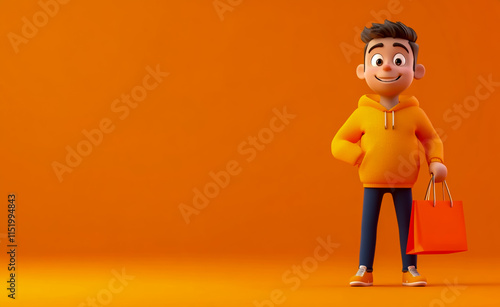 Cartoon of a young man with a shopping bag on an orange background.