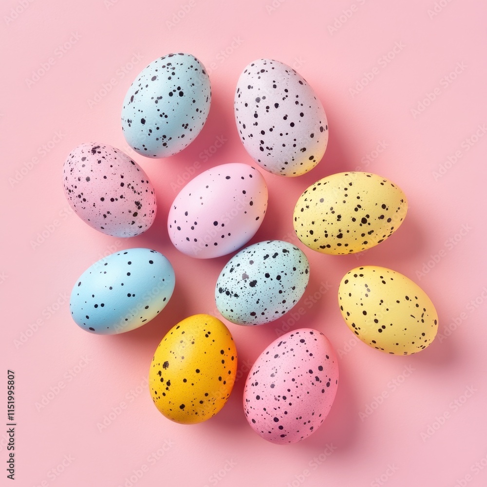 Colorful speckled Easter eggs arranged on a pink background, creating a vibrant and festive scene perfect for celebrating the holiday. Colorful speckled Easter eggs arranged on a pink background, creating a vibrant and festive scene perfect for celebrating the holiday.