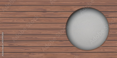 Cut timber panels mocha tone with circle hole have cement texture loft style behind graphic illustration.