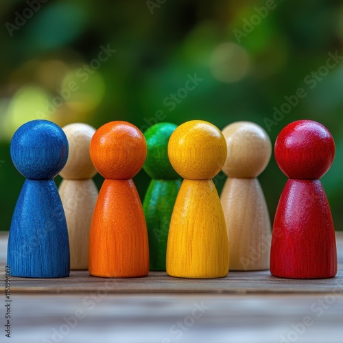 Colorful wooden figures arranged in a row symbolize unity and economic diversity, representing the strength of inclusive teamwork and collaboration across different sectors and communities. photo