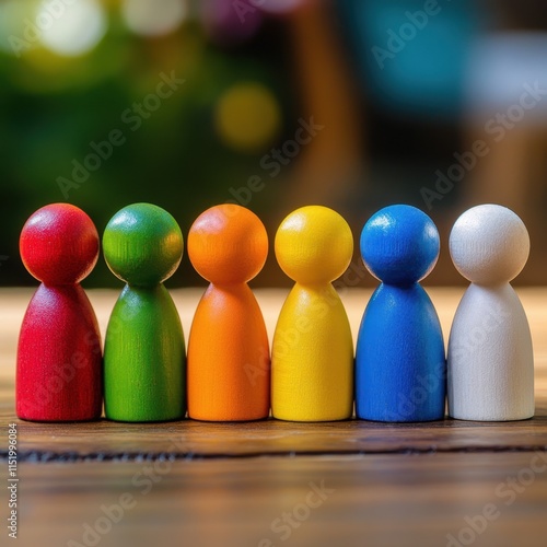 Colorful wooden figures arranged in a row symbolize unity and economic diversity, representing the strength of inclusive teamwork and collaboration across different sectors and communities. photo