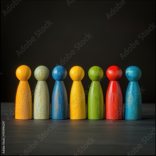 Colorful wooden figures arranged in a row symbolize unity and economic diversity, representing the strength of inclusive teamwork and collaboration across different sectors and communities. photo