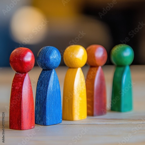 Colorful wooden figures arranged in a row symbolize unity and economic diversity, representing the strength of inclusive teamwork and collaboration across different sectors and communities. photo