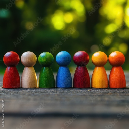 Colorful wooden figures arranged in a row symbolize unity and economic diversity, representing the strength of inclusive teamwork and collaboration across different sectors and communities. photo