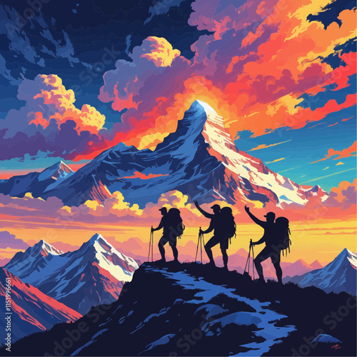 "Silhouette of Hikers with Vibrant Mountain Sunset Background"