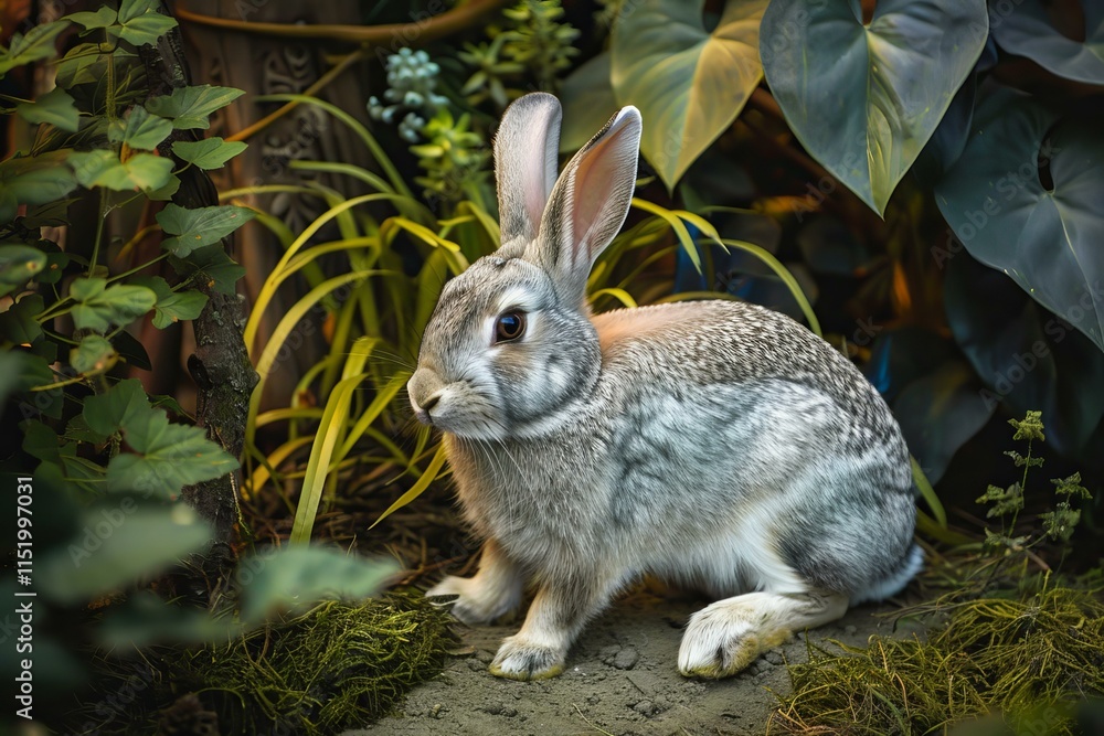 Fototapeta premium Grey rabbit sitting in a garden surrounded by plants, enjoying a peaceful moment in nature
