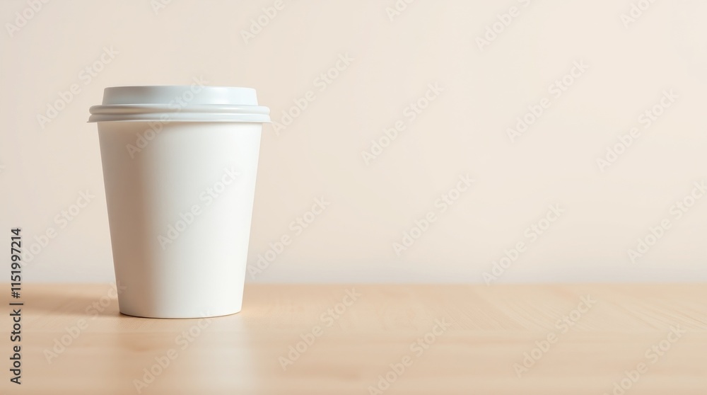 Blank white paper cup on wooden table with neutral background Blank white paper cup on wooden table with neutral background