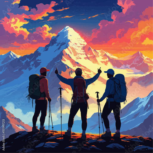 "Silhouette of Hikers with Vibrant Mountain Sunset Background"