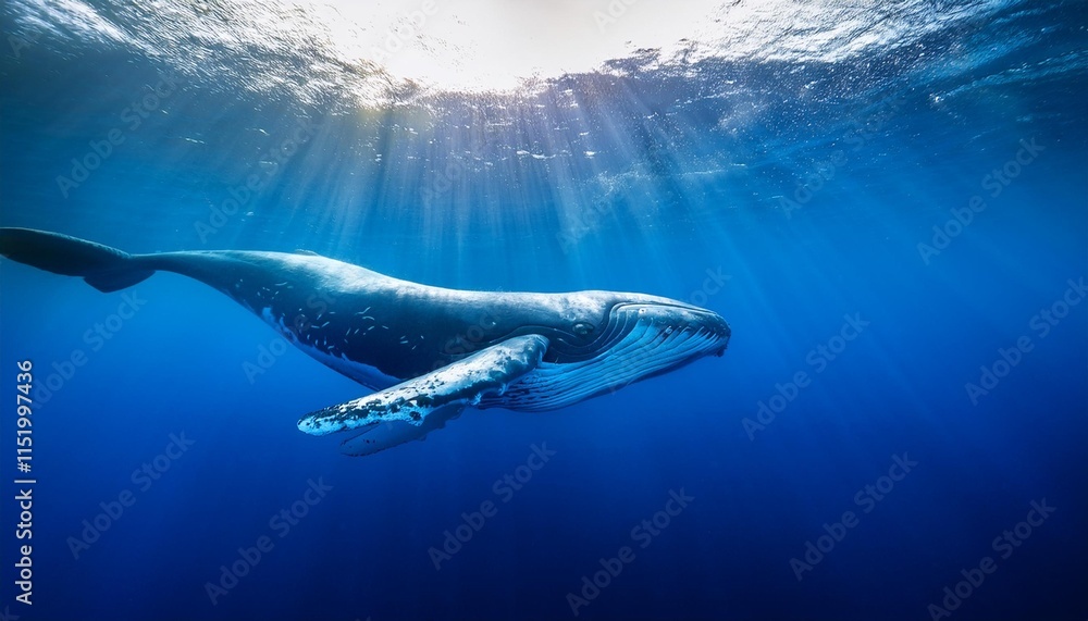 Fototapeta premium blue whale underwater with light rays from above
