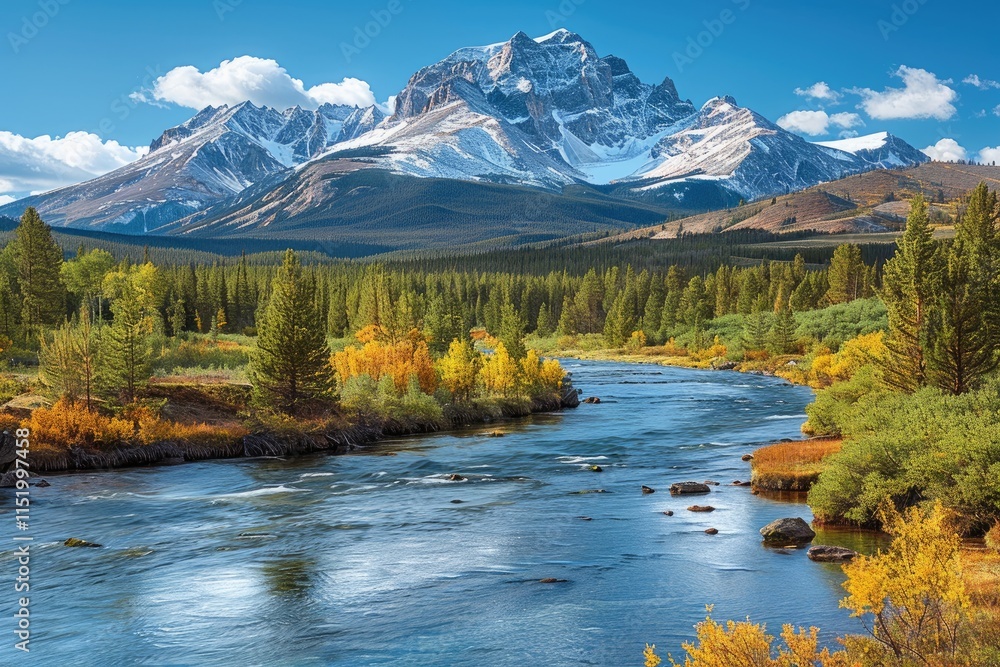 Obraz premium Mountain River Flowing Past Autumn Foliage and Snow-Capped Peaks