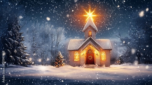 A magical winter scene featuring a glowing Christmas star shining brightly above a cozy snow-covered chapel surrounded by a serene snowy landscape