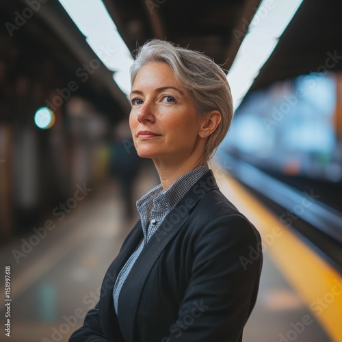 Confident mature businesswoman waiting on a subway platform, showcasing a poised and professional demeanor while preparing for her commute. photo