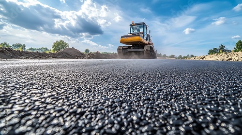 A massive heap of asphalt mix at a bustling road construction site, with an excavator in action under a bright sky, showcasing industrial progress and development