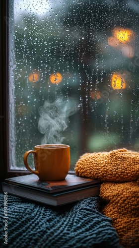 Cozy yellow mug of steaming coffee by a window with raindrops and warm knitted blankets photo