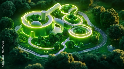 Futuristic Holographic Biogas Plant Interface with Glowing Neon Designs and Advanced Energy System