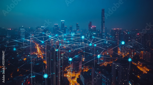 Wallpaper Mural Smart digital city with connection cyber security network reciprocity over the cityscape . future smart wireless digital city and social media networking systems that connects people within the city Torontodigital.ca