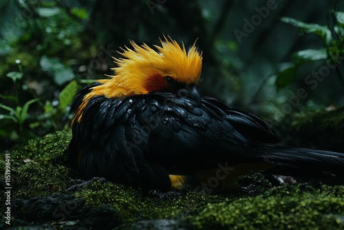 A male Flame Bowerbird in New Guinea's wilderness displays its vibrant plumage, extending its wings at the bower to captivate a female. photo