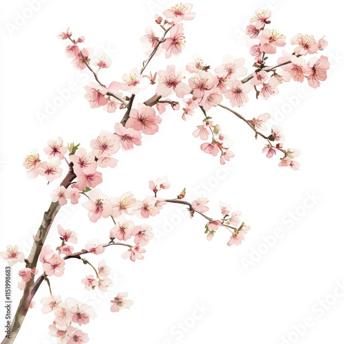 Delicate pink cherry blossom branches against a white background, creating an elegant and serene floral spring design illustration. photo