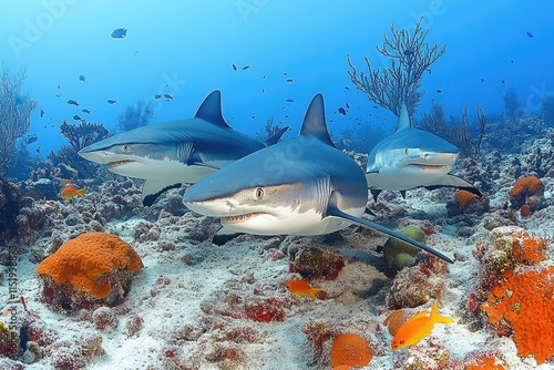 Three Sharks Swimming Near a Coral Reef photo