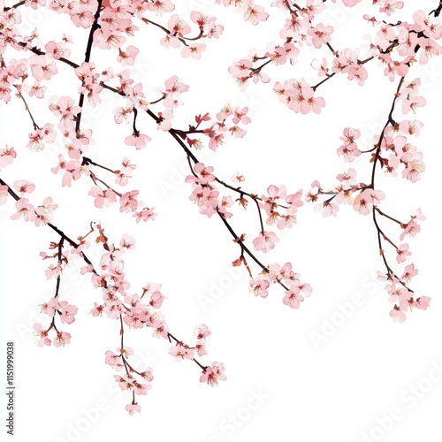 Delicate pink cherry blossom branches against a white background, creating an elegant and serene floral spring design illustration. photo