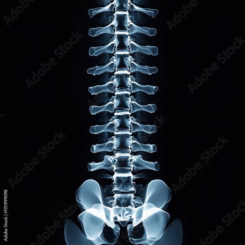 Detailed X-ray of the human spine, highlighting vertebral anatomy and spinal structure with clear visualization of the vertebrae and surrounding tissues. photo