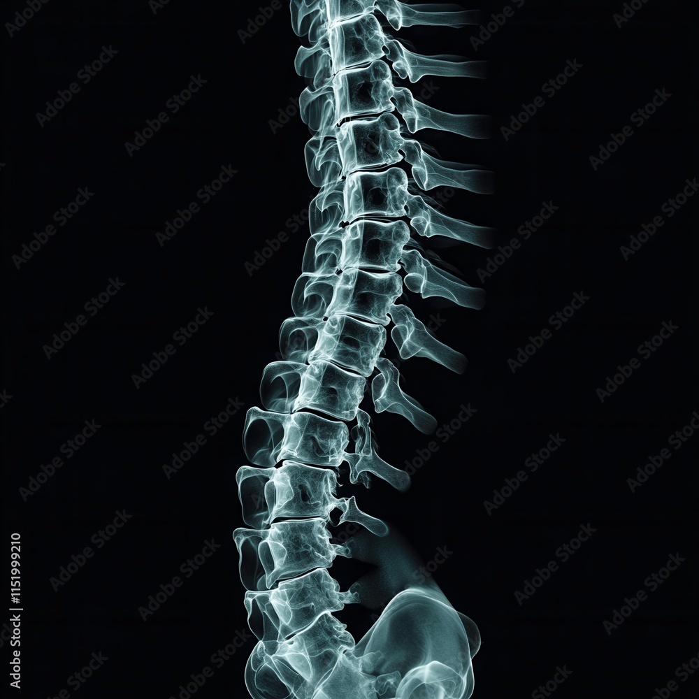 Detailed X-ray of the human spine, highlighting vertebral anatomy and spinal structure with clear visualization of the vertebrae and surrounding tissues. Detailed X-ray of the human spine, highlighting vertebral anatomy and spinal structure with clear visualization of the vertebrae and surrounding tissues.
