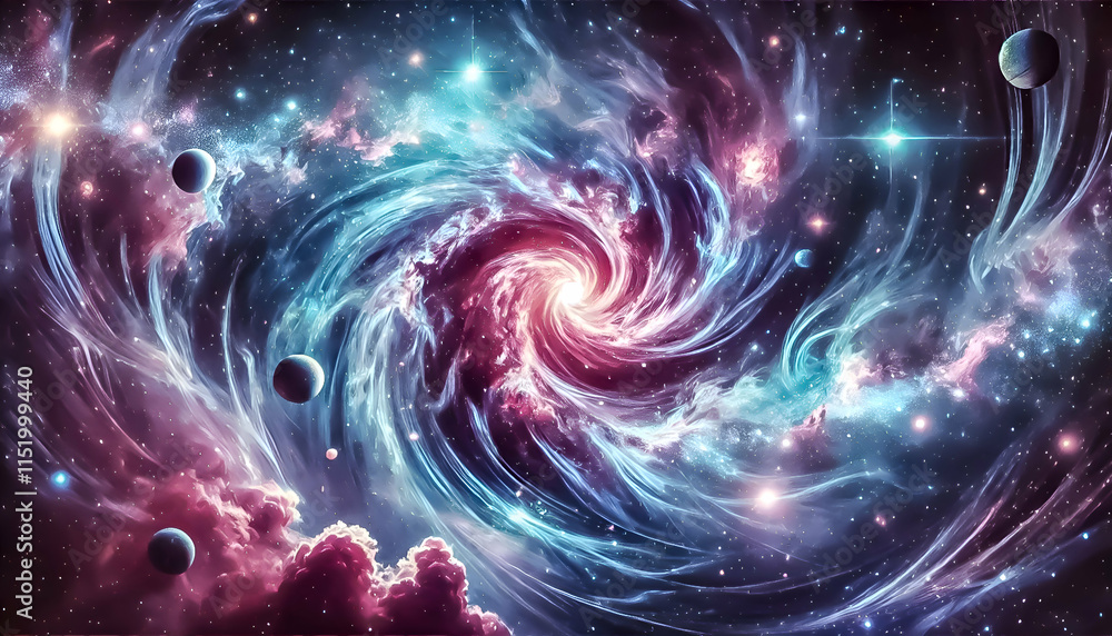 A glowing galaxy with swirling nebulae in vivid hues of purple blue and pink filled with twinkling stars and distant planets. A glowing galaxy with swirling nebulae in vivid hues of purple blue and pink filled with twinkling stars and distant planets.