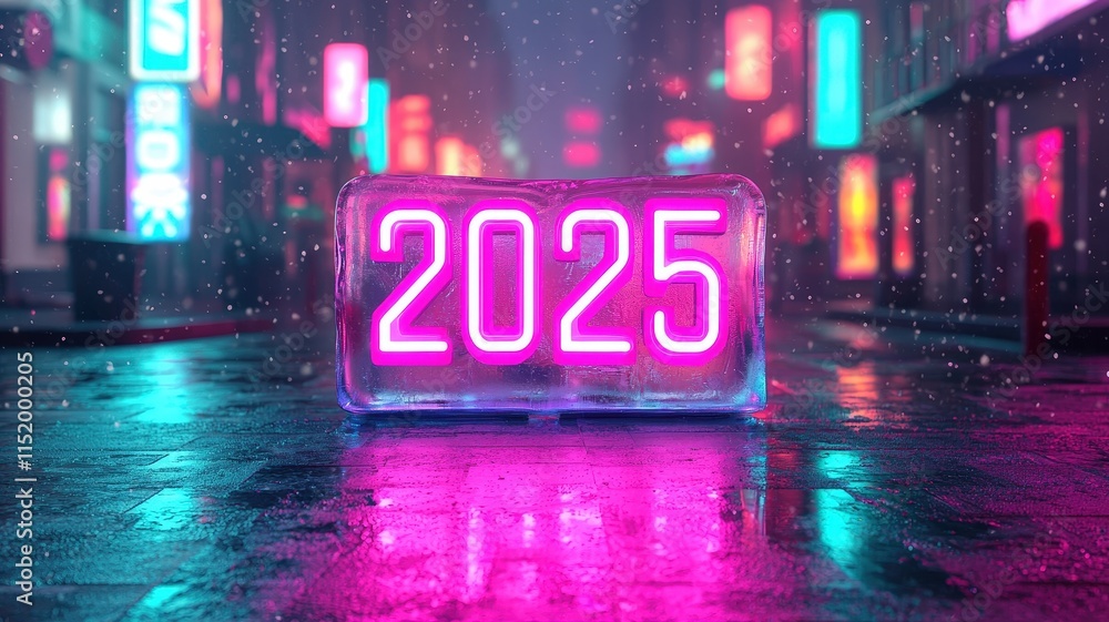 new year 2025 concept. Neon sign displaying the year 2025 on a wet urban street at night. new year 2025 concept. Neon sign displaying the year 2025 on a wet urban street at night.