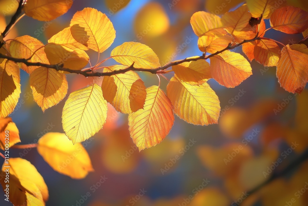 Golden Autumn Leaves Bask in Sunlight on Branch Golden Autumn Leaves Bask in Sunlight on Branch