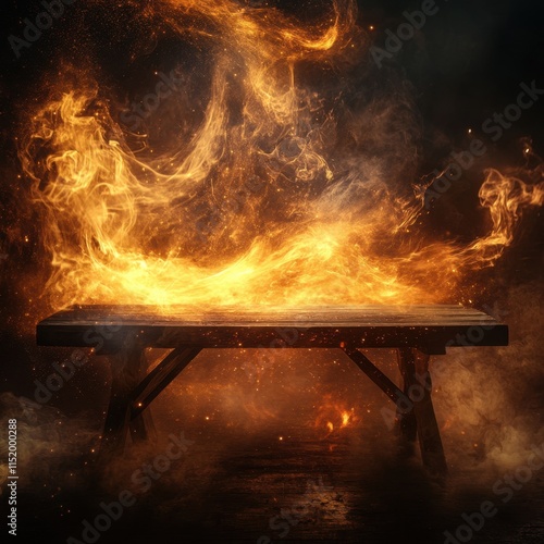 Dramatic wooden table set against a backdrop of intense flames, swirling smoke, and flying sparks, creating a fiery and dynamic atmosphere. photo