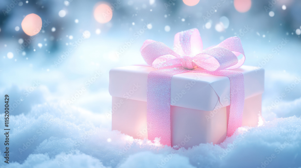 Fototapeta premium A white box with a pink ribbon on top of a snowy field