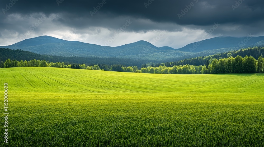 Fototapeta premium Lush green fields under a dramatic sky with mountains in the background.