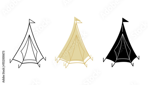 A small set of three tents with flag in different colors. Clip art for your projects.
