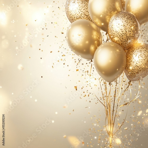 Elegant celebration party banner featuring gold balloons and sparkling confetti on a bright background, with ample copy space for personalized messages. photo