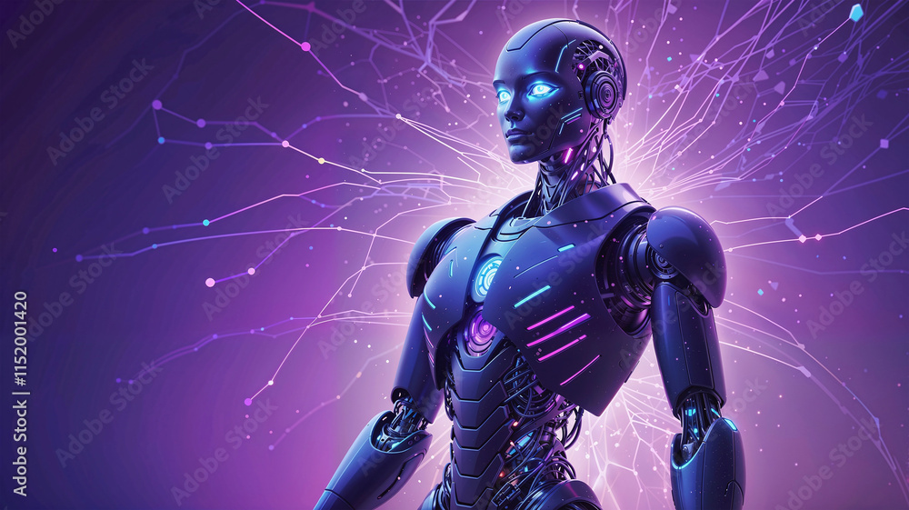 Naklejka premium Futuristic humanoid robot powered by artificial intelligence, featuring intricate neural network connections, symbolizing advanced technology and innovation in AI