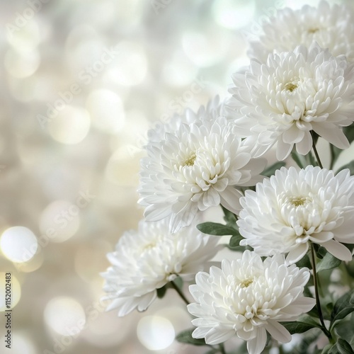 Elegant white flowers are displayed against a soft bokeh background, evoking a serene and respectful atmosphere suitable for mourning and funeral imagery.