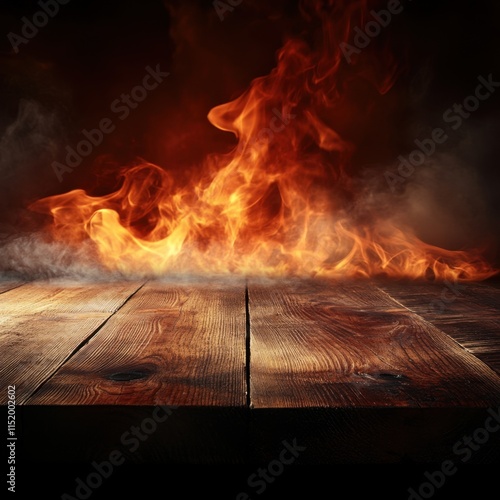 Empty rustic wooden table with a dramatic fire and smoke background, creating a fiery and intense atmosphere ideal for showcasing products, food, or beverages. photo