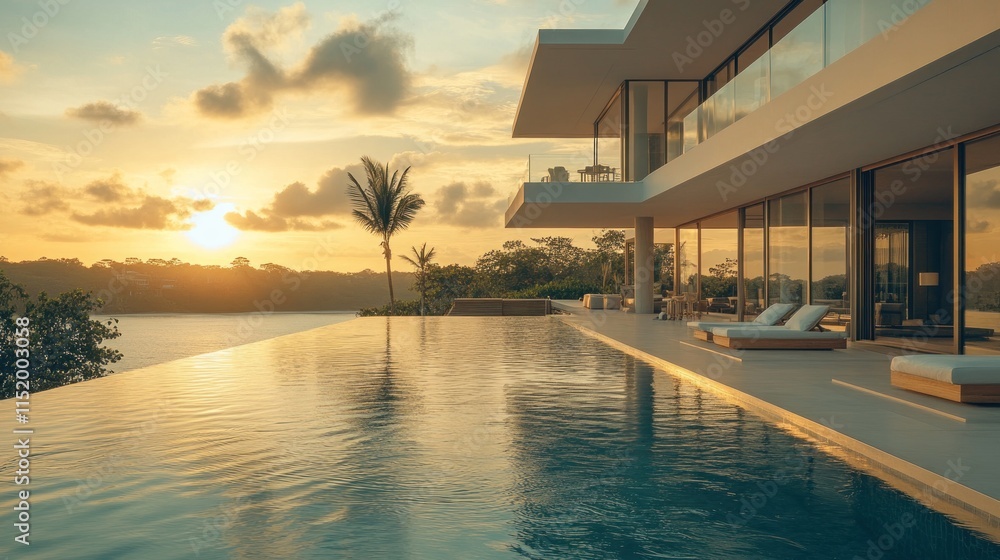 Modern villa with infinity pool overlooking ocean at sunset. Modern villa with infinity pool overlooking ocean at sunset.