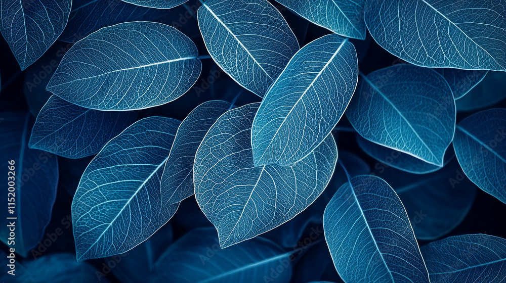 Obraz premium Leaves create a mesmerizing pattern with rich blue tones and intricate details in nature’s design