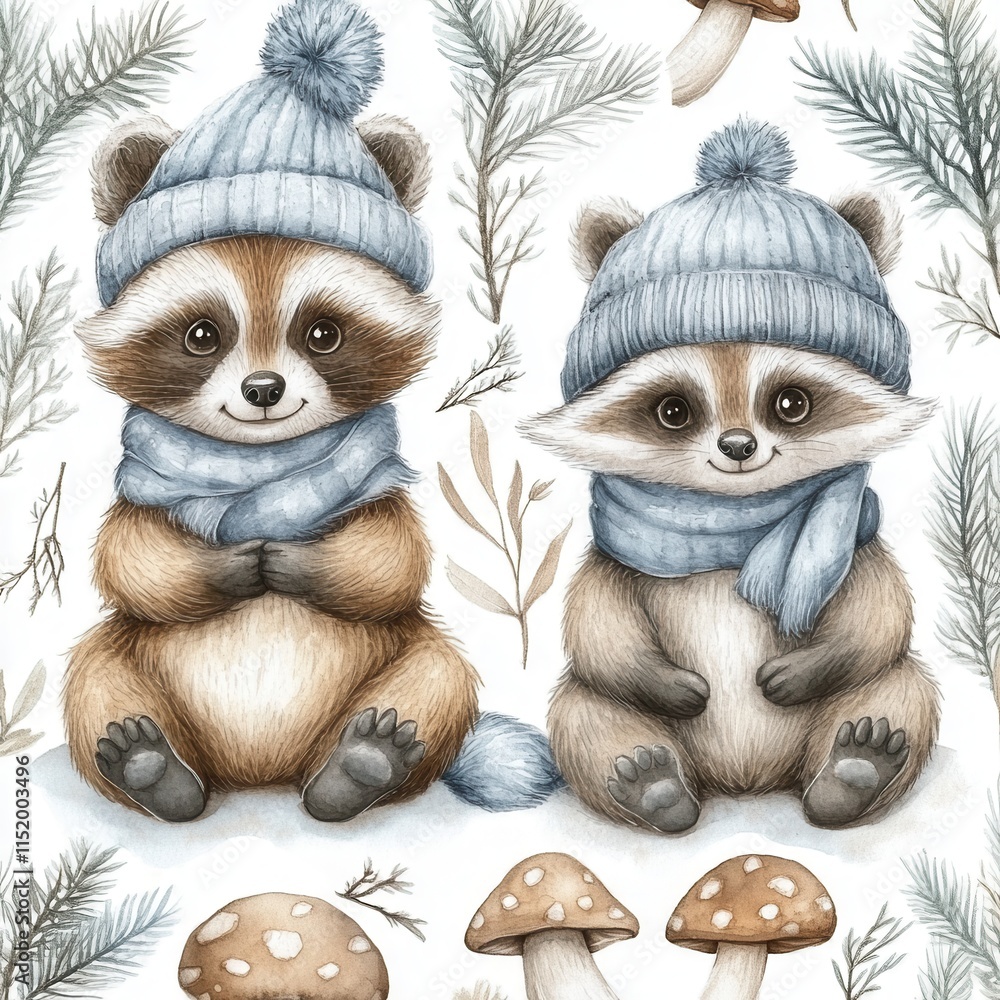 Fototapeta premium A delightful forest animal-themed pattern showcasing happy bears, raccoons, and foxes, all wearing tiny hats and scarves, surrounded by pine trees, toadstools, and leafy vines in soft, muted 