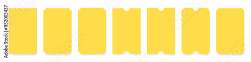 Set of yellow ticket mockups with ruffle edges and shadows. Small vertical empty templates. Concert, movie or theater ticket. Boarding blank, lottery, sale coupon