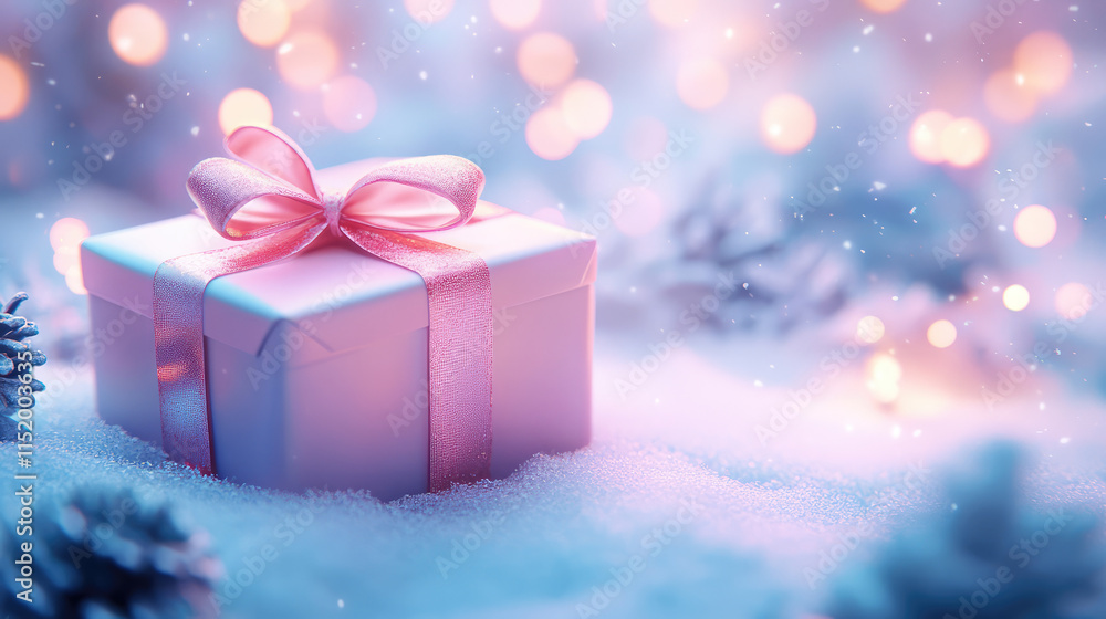 A charming pink gift box adorned with a delicate bow sits atop a snowy field, surrounded by the quiet elegance of untouched snow. A charming pink gift box adorned with a delicate bow sits atop a snowy field, surrounded by the quiet elegance of untouched snow.