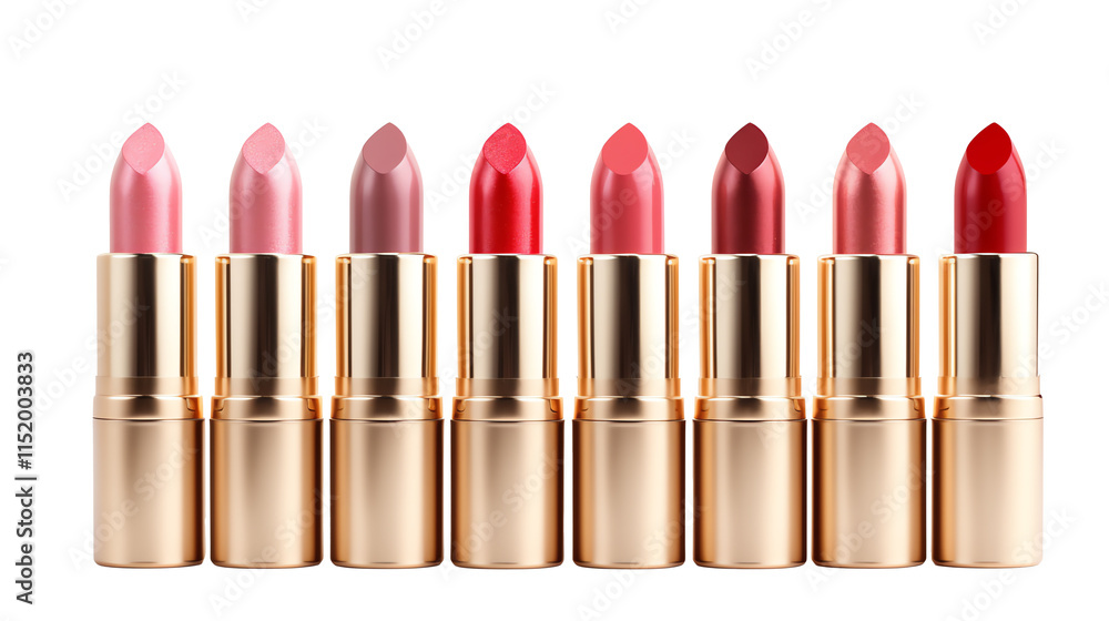 a row of lipsticks in gold tubes a row of lipsticks in gold tubes