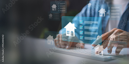 Tableau sur toile Real estate management concept, User navigating a digital home listings platform in a contemporary workspace, leveraging tools for real estate management, checklist planning, and property evaluations
