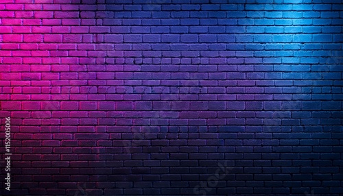 black brick wall background with neon lighting effect pink purple and blue glowing lights on empty brick wall background
