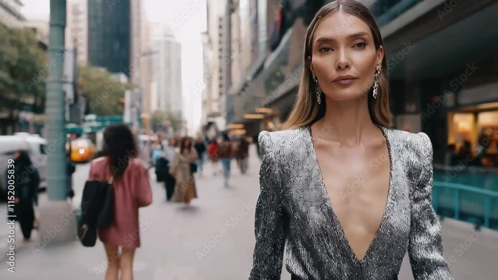 Model Walks Confidently Down Busy City Street Wearing a Stylish Silver Outfit in Vibrant Urban Setting Model Walks Confidently Down Busy City Street Wearing a Stylish Silver Outfit in Vibrant Urban Setting