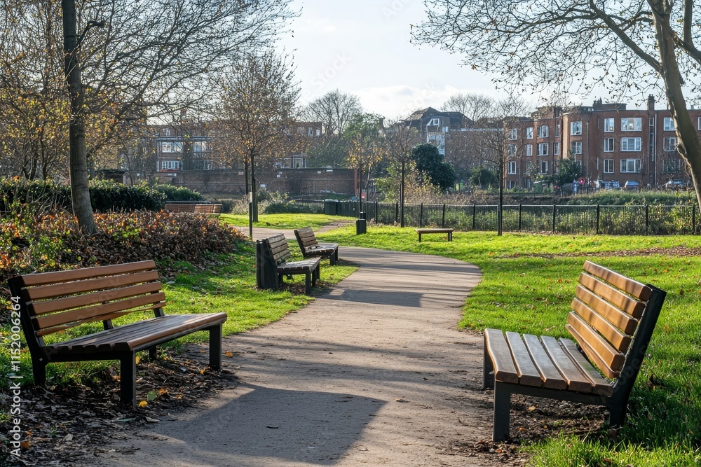 City public park with wooden benches, litter bins and paved pathways, no people, Generative AI City public park with wooden benches, litter bins and paved pathways, no people, Generative AI