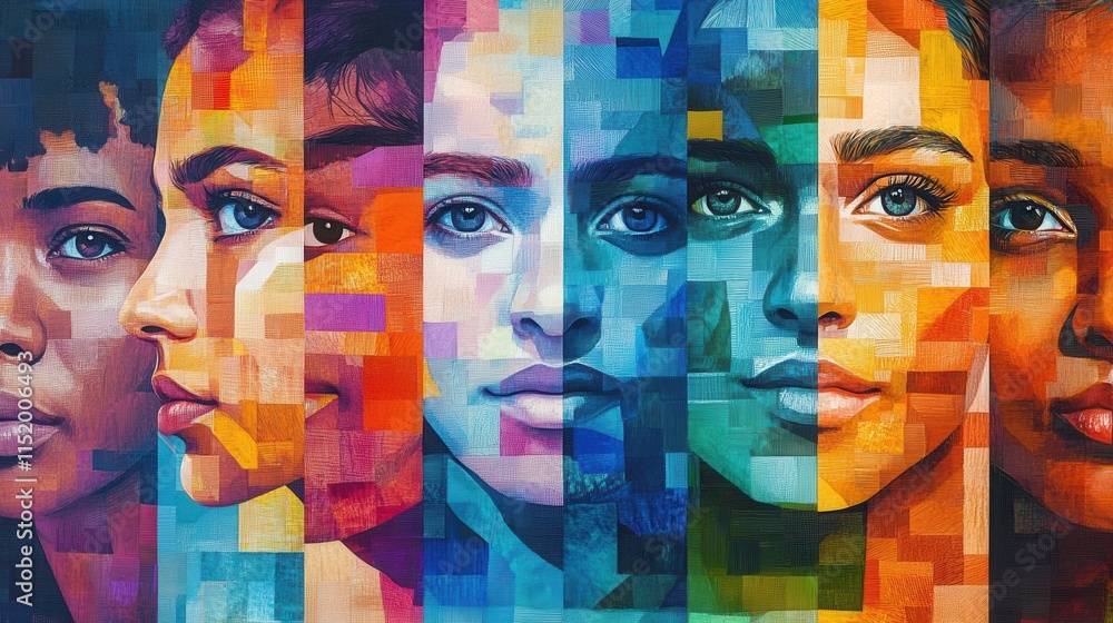 Obraz premium Mosaic of Unity, a colorful assembly of diverse faces representing global harmony and cultural richness
